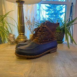 men’s navy and brown duck boots
